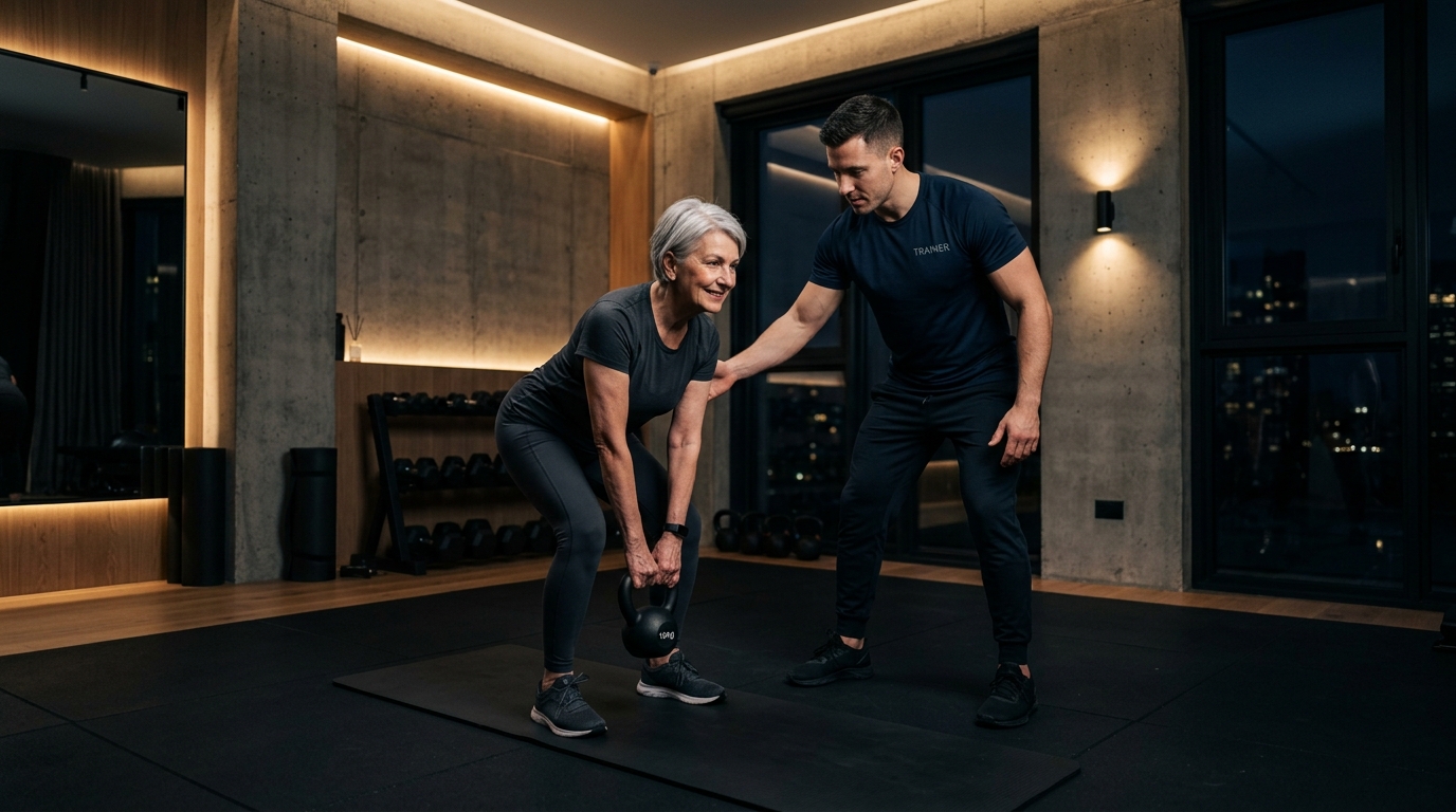 Personal Trainer aplicando avaliação funcional domiciliar em idoso 60+